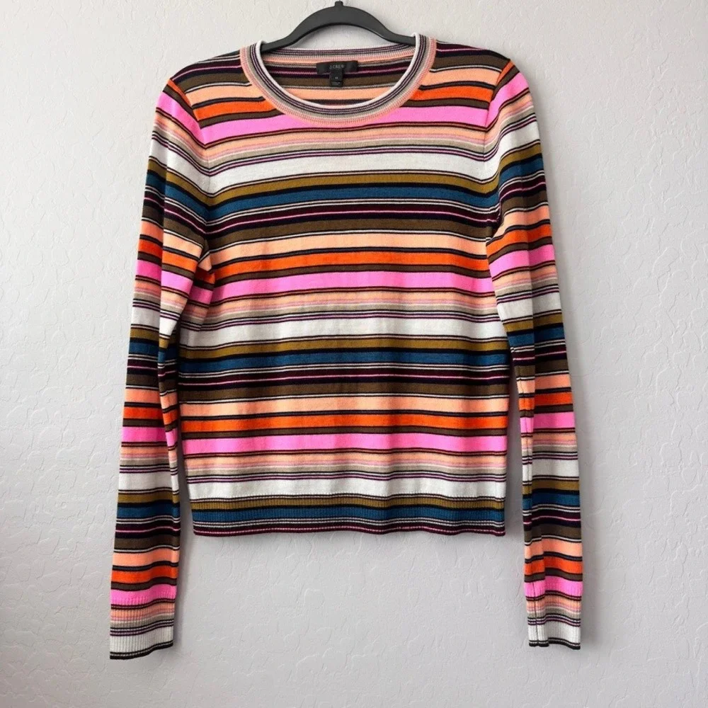 J.Crew Medium Sweater Multicolor Long Sleeve Merino Wool Striped Crew Neck F4345